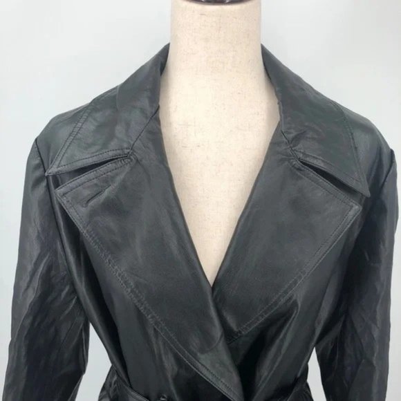 SOLD! NEW Zara Black Double Breasted Vegan Leather Belted Trench Coat Size Large - Picture 10 of 12